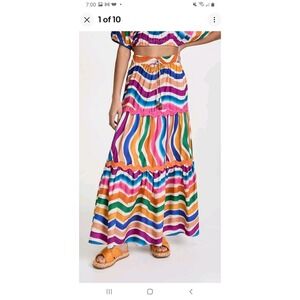 Farm Rio Size M Dancing Stipes Maxi Skirt Wavy Rainbow Tiered Cotton